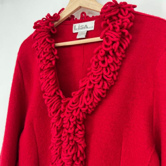 Vintage Lisa International Boiled Wool Cardigan Sweater Large Red V Neck Fringe - Picture 3 of 10